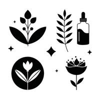 Set of design templates and graphic elements, organic cosmetic, floral black illustration in simple linear hand drawn style, plants and flowers vector