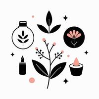 Set of design templates and graphic elements, organic cosmetic, floral black illustration in simple linear hand drawn style, plants and flowers vector