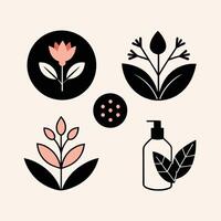 Set of design templates and graphic elements, organic cosmetic, floral black illustration in simple linear hand drawn style, plants and flowers vector