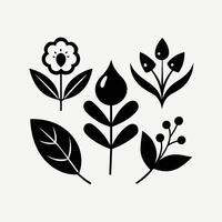 Set of design templates and graphic elements, organic cosmetic, floral black illustration in simple linear hand drawn style, plants and flowers vector