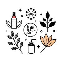 Set of design templates and graphic elements, organic cosmetic, floral black illustration in simple linear hand drawn style, plants and flowers vector