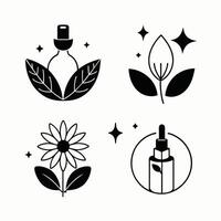 Set of design templates and graphic elements, organic cosmetic, floral black illustration in simple linear hand drawn style, plants and flowers vector
