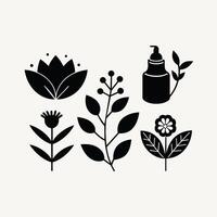 Set of design templates and graphic elements, organic cosmetic, floral black illustration in simple linear hand drawn style, plants and flowers vector