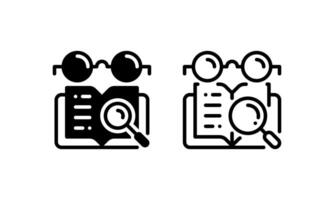 Reading Glasses icon, represented by a magnifying glass, glasses and an open book. icons with outline and glyph or solid style vector