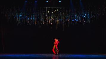 Single performer on stage with spotlight and blurred audience in the background. video