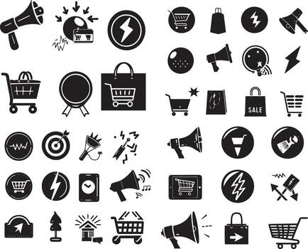 set of icons for web design, black silhouette on white background, icon set about sales and hints, vector