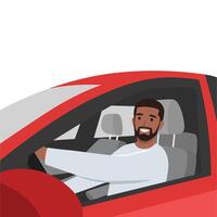 Young bearded man driving the red car side view profile. Looking at viewer. vector