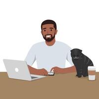 Young man working at the table with a cat and coffee on the table. vector