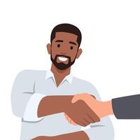 Two confident diverse business man shaking hands during a meeting in the office. vector