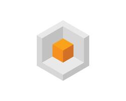 Cube logo, geometric design. Box logotype company, trendy tech emblem in pixel style. vector