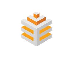 Cube logo, geometric design. Box logotype company, trendy tech emblem in pixel style. vector