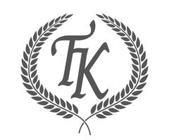 Initial letter T and K, TK monogram logo design with laurel wreath. Luxury calligraphy font. vector