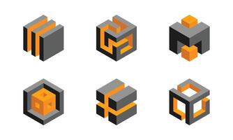 Cube logo, geometric design. Box logotype company, trendy tech emblem in pixel style. vector