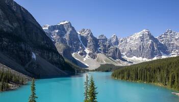 Majestic Mountains and Tranquil Waters of Lake Moraine in Summer photo