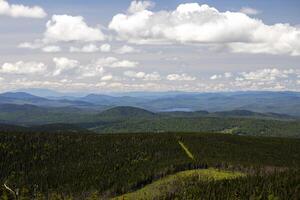 Panoramic View of Forested Mountains and a Lake in the Distance on a Sunny Day photo