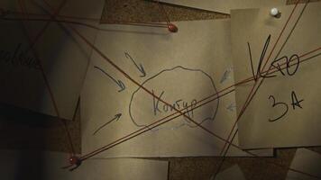 Close-up of note with red thread. Stock footage. Word for note with red thread. Mysterious word in rebus from notes on board with red thread photo