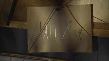 Notes with red thread. Stock footage. Close-up of mysterious notes connected by red thread. Symbols and puzzles on mysterious board with threads photo