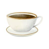 White tea cup with black tea and saucer watercolor illustration. Hot drink for breakfast in simple style for breakfast vector