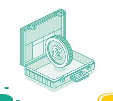 Business briefcase with pound coin. Isometric outline concept. 3d object. vector