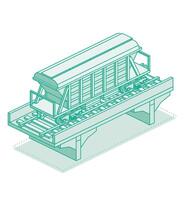 Isometric hopper car on bridge. Object isolated on white background. Railway. Freight wagon for mass transit cement, grain and other bulk cargo or commodities. Wagon on rails. vector
