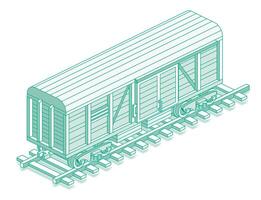 Isometric freight railroad car. Object isolated on white background. Railway. Wagon on rails. Freight boxcar wagon. Industrial railroad transportation. vector