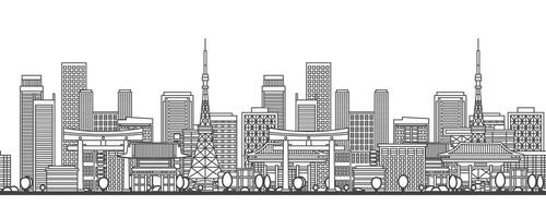 Seamless pattern with japanese city. Outline skyline with modern and historic buildings isolated on white. Tokyo cityscape with landmarks. vector