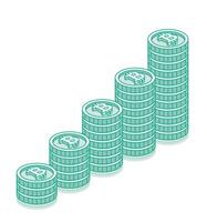 Isometric bitcoin coins stacks. 3d cash. Outline objects isolated on white background. Icon or symbol. Green color. vector