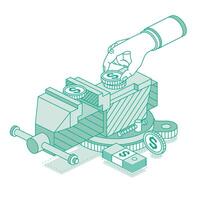 Isometric vice with a dollar coin clamped. Work tool. Crisis concept. Outline objects isolated on white background. vector