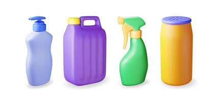 3D set of bottles with liquid detergent isolated. Render collection of canister, spray icon with cleaner, soap or dishwashing. Plastic bottle with dispenser for cleaning products. vector