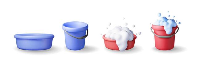 3d set of plastic bucket with soapy foam and empty isolated. Render bucket basin collection icon for cleaning and washing. House cleaning equipment household accessories. vector