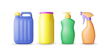 3D set of bottles with liquid detergent isolated. Render collection of canister, spray icon with cleaner, soap or dishwashing. Plastic bottle with dispenser for cleaning products. vector
