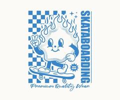 funny fire cartoon character illustration playing skateboard in vintage style with checkerboard background, design can be used as t shirt, sticker, poster, print design and other uses. vector