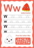 Tracing letters alphabet. Uppercase and lowercase letter W Engish alphabet. Handwriting exercise for kids. vector