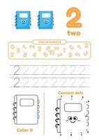 Many games on one page for kids. Color, dot to dot, trace. Learn number 2 vector