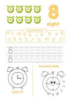 Many games on one page for kids. Color, dot to dot, trace. Learn number 8 vector