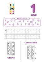 Many games on one page for kids. Color, dot to dot, trace. Learn number 1 vector