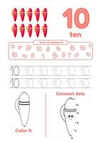 Many games on one page for kids. Color, dot to dot, trace. Learn number 10 vector