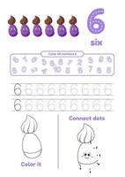 Many games on one page for kids. Color, dot to dot, trace. Learn number 6 vector