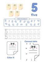 Many games on one page for kids. Color, dot to dot, trace. Learn number 5 vector