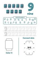 Many games on one page for kids. Color, dot to dot, trace. Learn number 9 vector