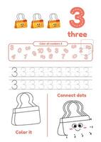 Many games on one page for kids. Color, dot to dot, trace. Learn number 3 vector