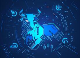 concept of tech business in stock market, graphic of bull combined with electronic pattern and futuristic elements vector