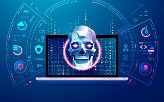concept of cyber attack, graphic of low poly skull with cyber security elements vector