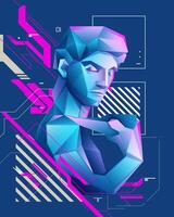 concept of masculine energy, poster design of Leonardo Da Vinci's David presented with cyberpunk color palette vector