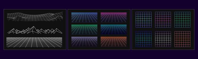 synthpack2Synthwave toolkit. Grids, mountains, 3D paths. Gradient vivid colors. 80's retro elements. 1980 vintage graphic parts. vector