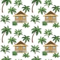 Seamless pattern with Beach house in jungle. Cartoon background of straw hut in flat design. Isolated on white background vector