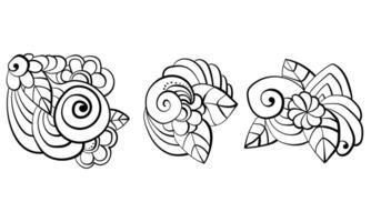 Set of abstract outline motifs with flowers, leaves and swirls, coloring page or design element vector