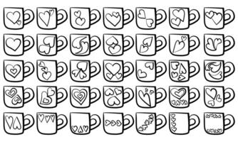 Set of outline doodle cups with heart decor, variation of cute mugs for design vector