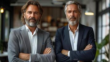 Two happy, confident middle-aged businessmen ceo wearing suit standing side by side in an office. photo