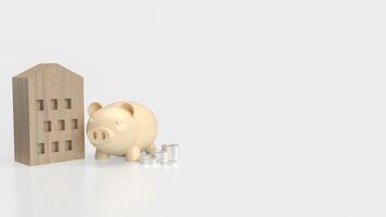 The piggy bank and wood house for property or saving concept 3d rendering. photo